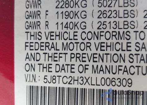 2020 Acura Rdx из США, поврежденный, VIN 5J8TC2H3XLL006309